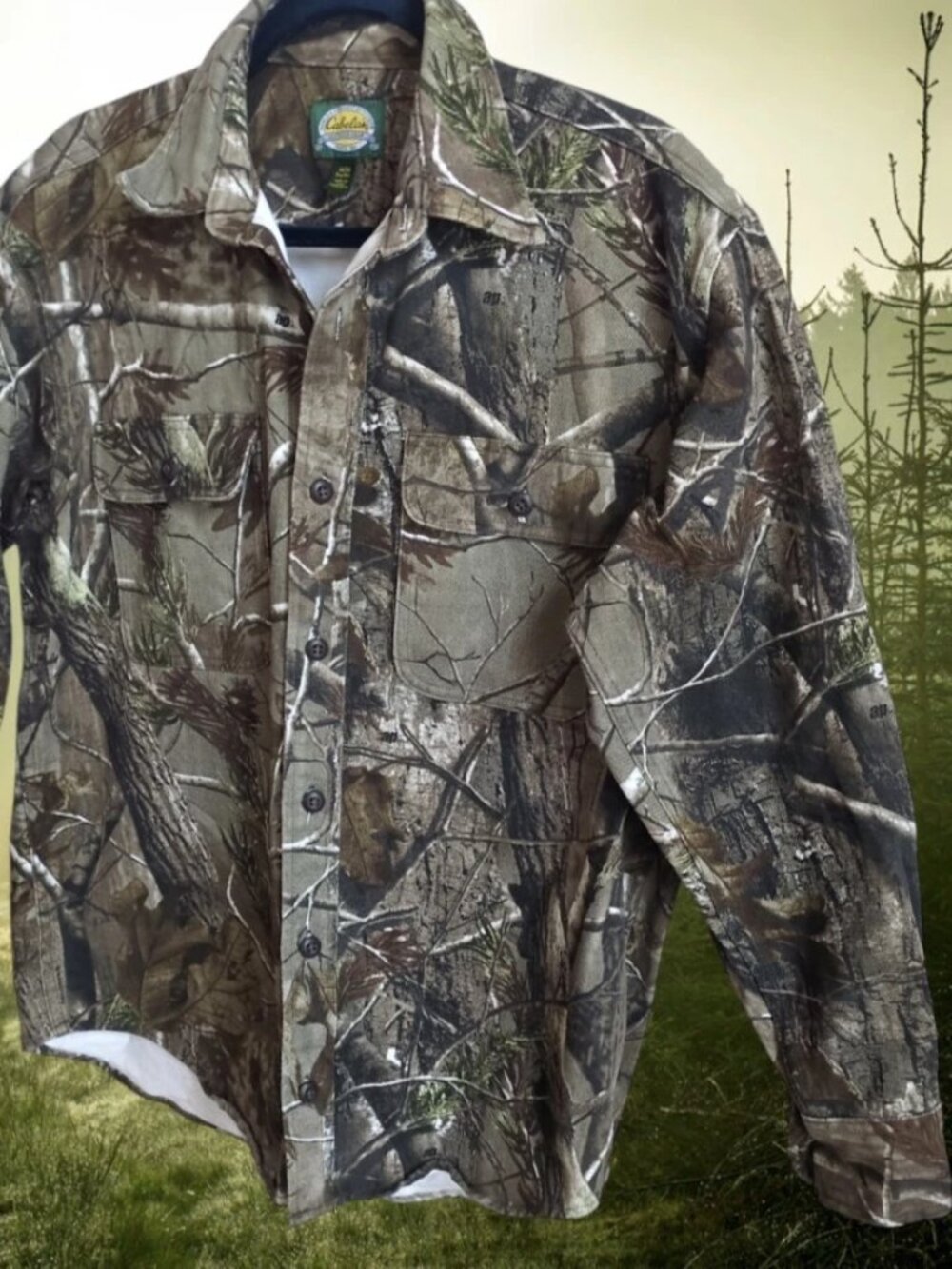 Cabelas Camouflage Long Sleeve Button Up Denim Shirt Realtree Size MED REG